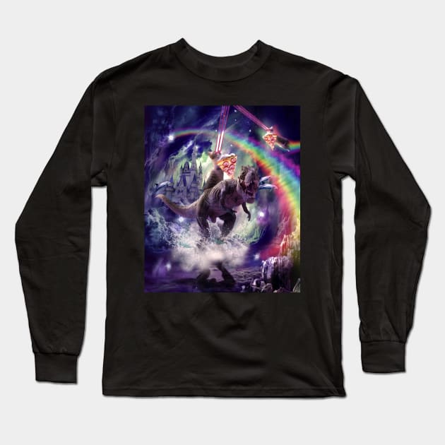 Rainbow Laser Space Cat On Dinosaur Eating Pizza Long Sleeve T-Shirt by Random Galaxy